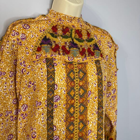 Maeve Anthropologie Goldie Embroidered Blouse Gold Yellow Floral Ruffled Sz 4 - Picture 3 of 14